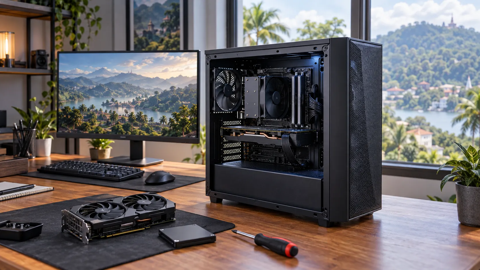 Budget gaming PC with an open case, graphics card, SSD, and monitor on a wooden desk overlooking green hills.