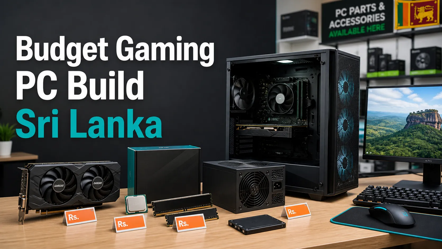 Budget gaming PC build in Sri Lanka with affordable components, graphics card, RAM, SSD, power supply, and PC case.