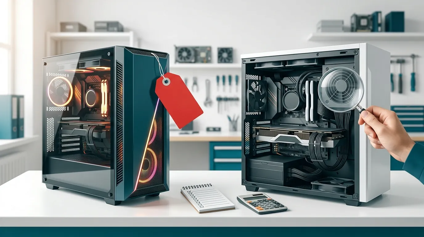 A side-by-side comparison on a clean workbench featuring a glossy pre-built gaming PC with a red price tag on the left, and an open custom-built PC on the right being inspected with a magnifying glass, along with a notepad and calculator.