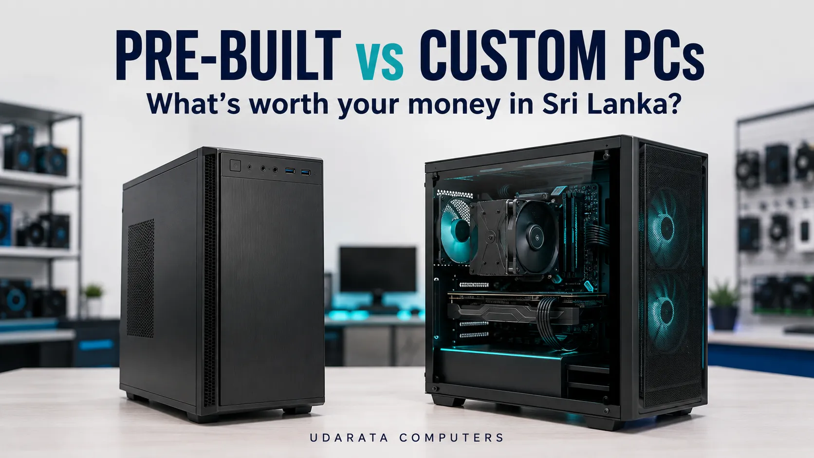 Prebuilt desktop beside a custom PC with a transparent side panel and teal lighting.
