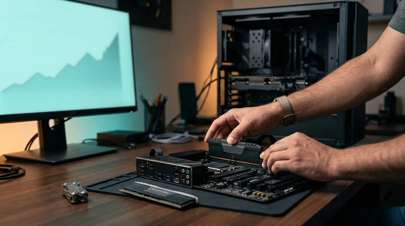 Hands installing a RAM module onto a PC motherboard on a wooden workbench with a monitor displaying an abstract rising line graph in the background.