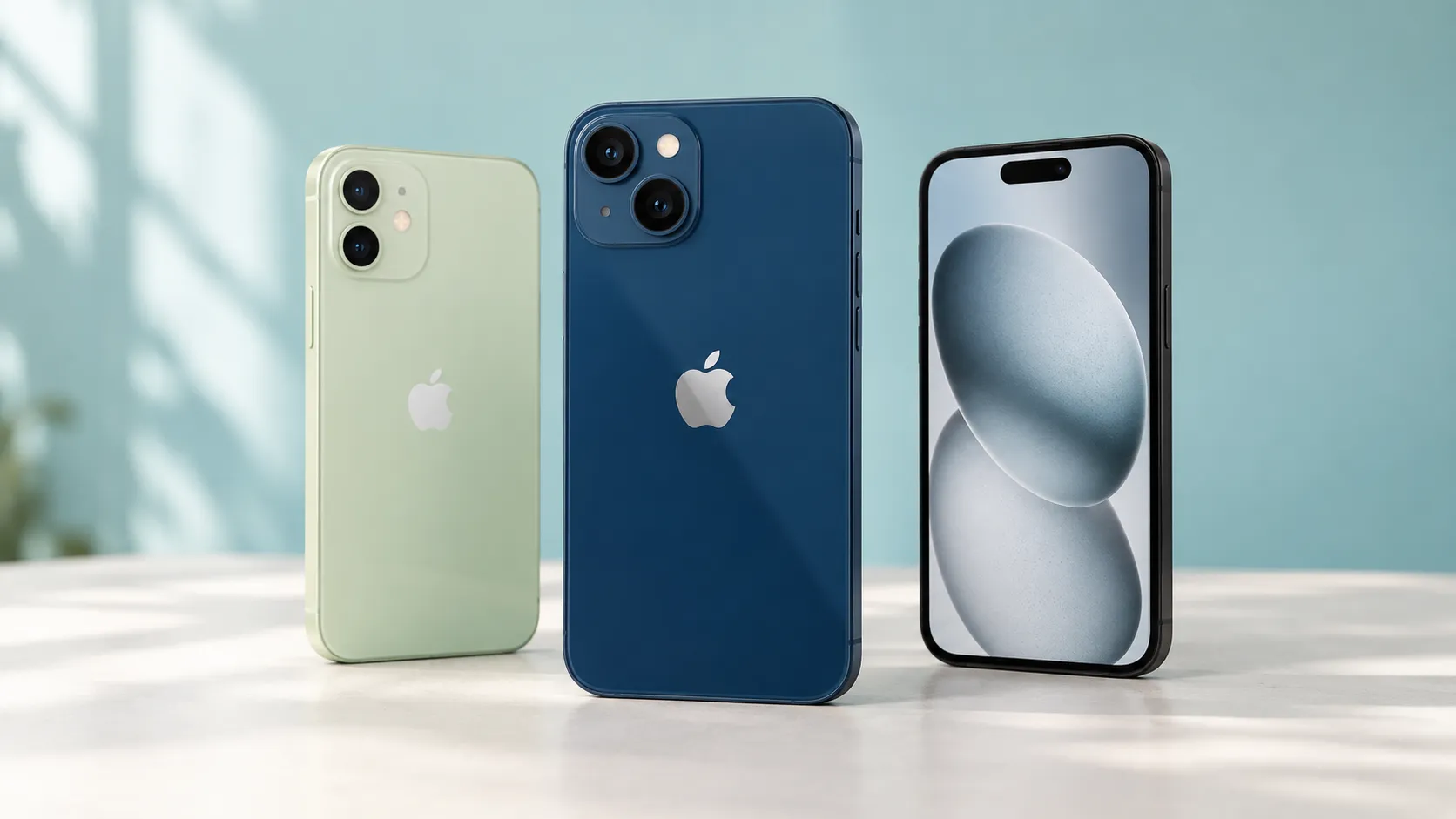 Three iPhones displayed against a soft teal background for an affordable iPhone buying guide in Sri Lanka.