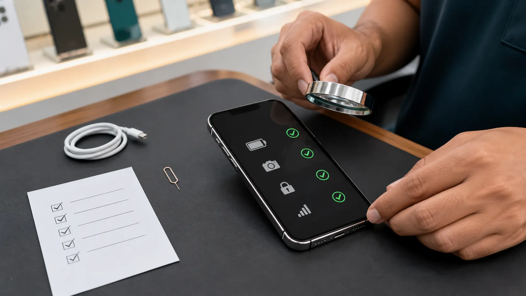 Technician inspecting a used iPhone before purchase in Sri Lanka